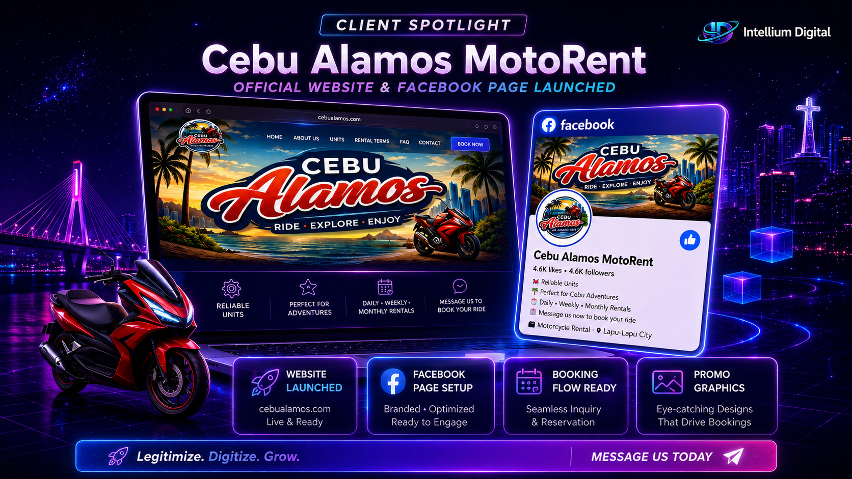 Client spotlight graphic for Cebu Alamos MotoRent showing website and Facebook launch